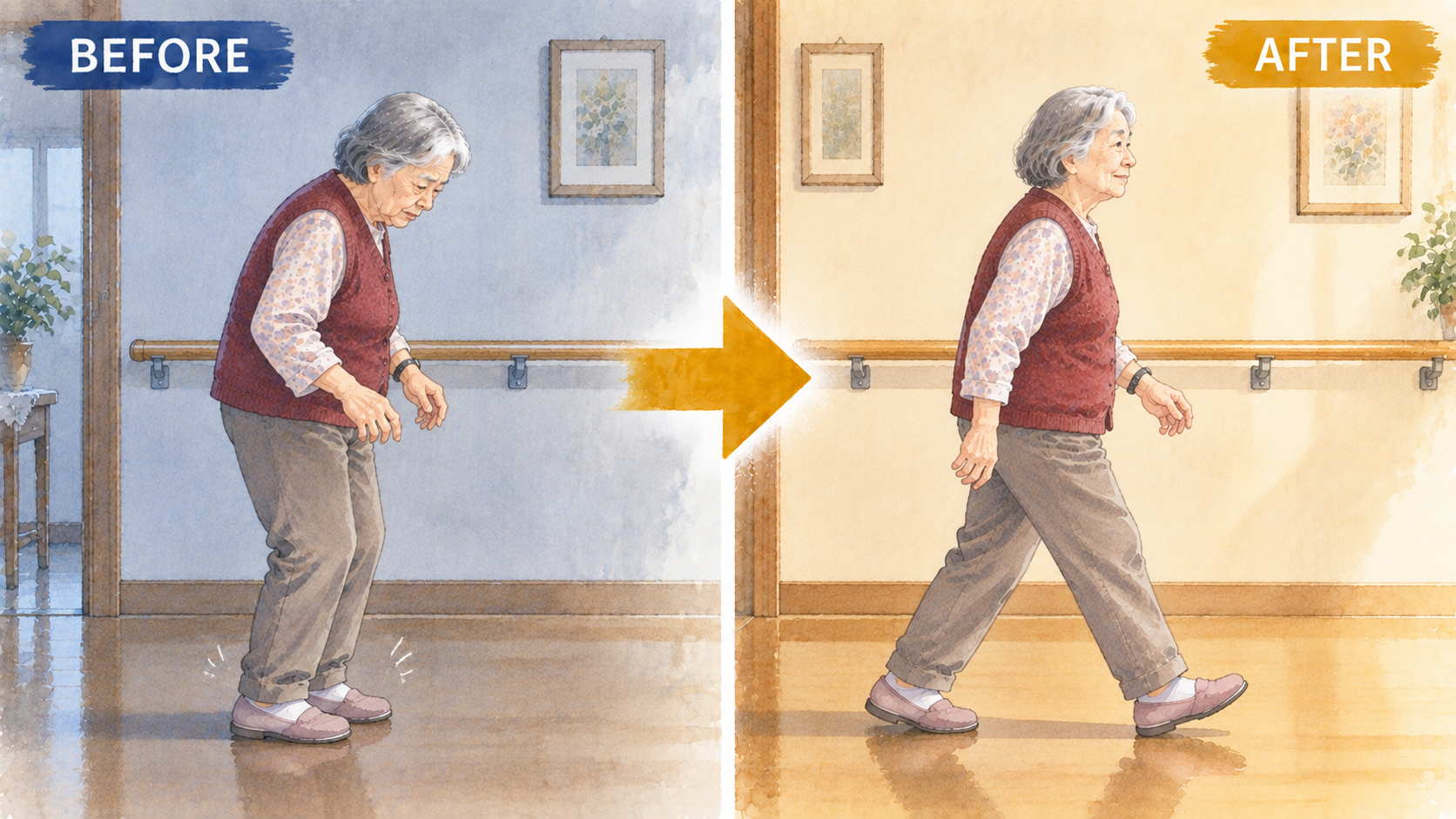 Before/After：すくみ足のある歩行から歩幅の取れた歩行への変化